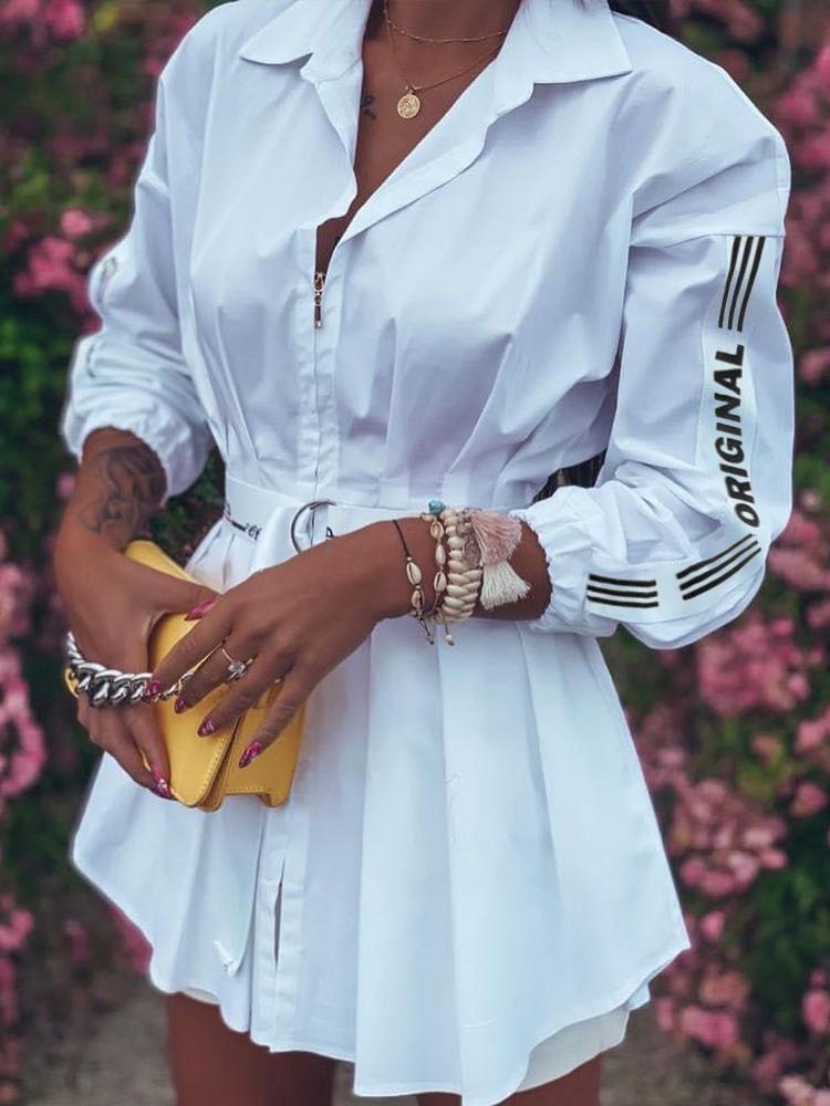 Lantern Sleeve Letter Printed Zipper Blouses - LuckyFash™