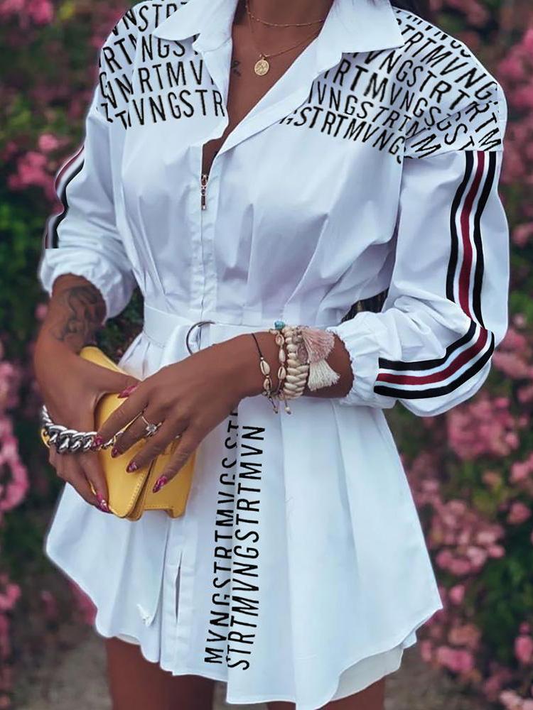 Lantern Sleeve Letter Printed Zipper Blouses - LuckyFash™
