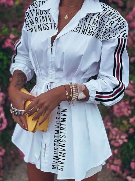 Lantern Sleeve Letter Printed Zipper Blouses - LuckyFash™
