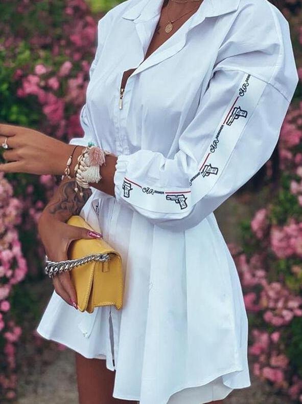 Lantern Sleeve Letter Printed Zipper Blouses - LuckyFash™