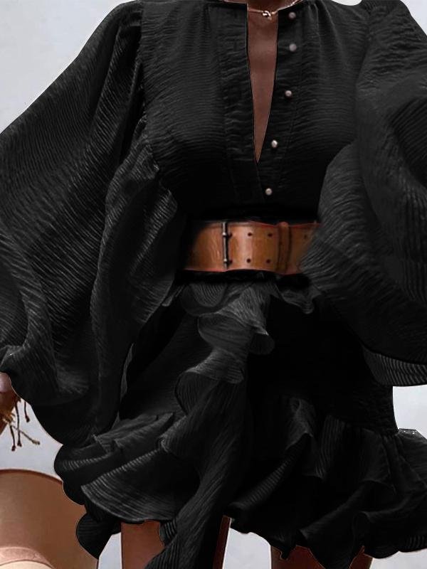 Lantern Sleeve Ruffled Waist Slimming Dress - LuckyFash™