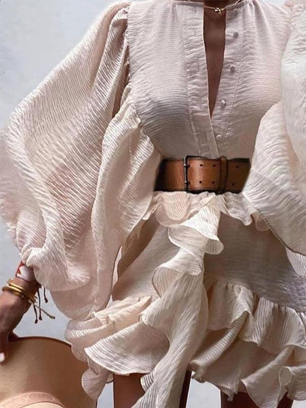 Lantern Sleeve Ruffled Waist Slimming Dress - LuckyFash™