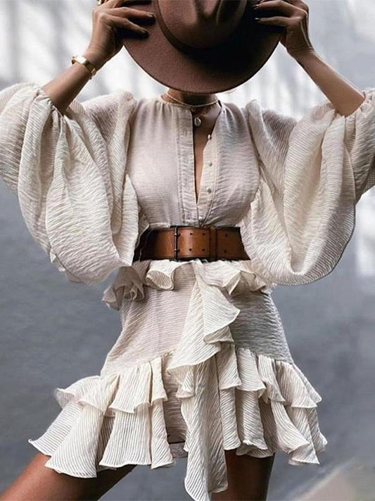 Lantern Sleeve Ruffled Waist Slimming Dress - LuckyFash™