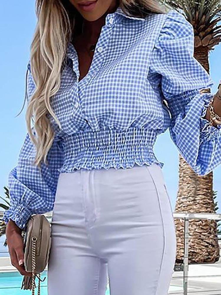 Lantern Sleeve Shirring Detail Plaid Shirt - LuckyFash™