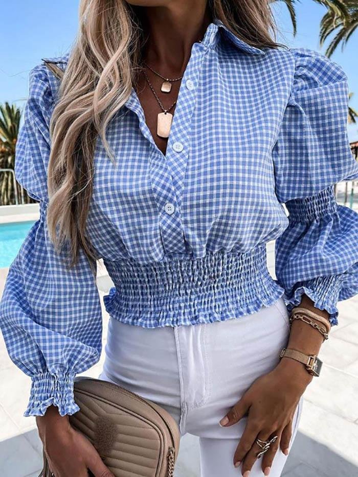 Lantern Sleeve Shirring Detail Plaid Shirt - LuckyFash™