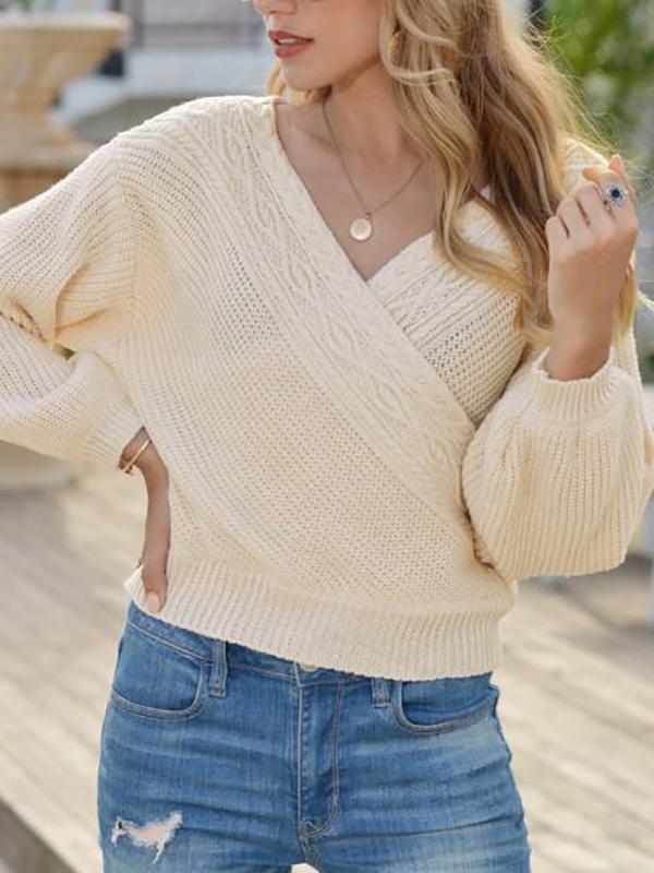 Lantern Sleeve Surplice Cable Knit Sweater - LuckyFash™