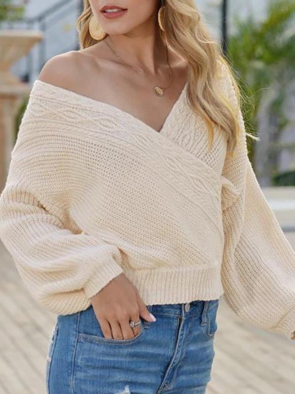 Lantern Sleeve Surplice Cable Knit Sweater - LuckyFash™