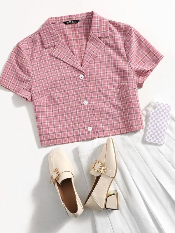 Lapel Collar Button Placket Plaid Blouse - LuckyFash™