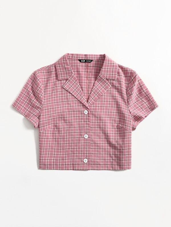 Lapel Collar Button Placket Plaid Blouse - LuckyFash™