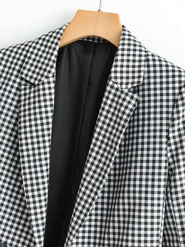 Lapel Collar Double Breasted Gingham Blazer - LuckyFash™