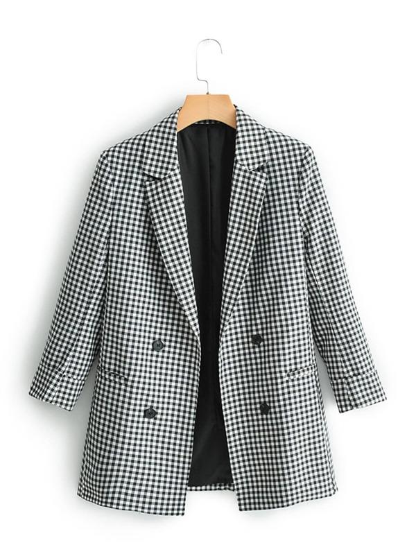 Lapel Collar Double Breasted Gingham Blazer - LuckyFash™