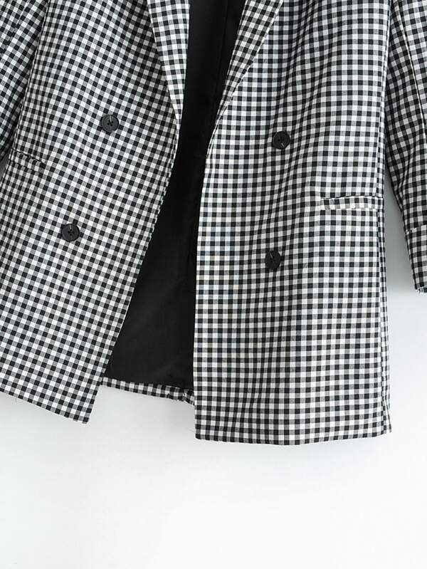 Lapel Collar Double Breasted Gingham Blazer - LuckyFash™