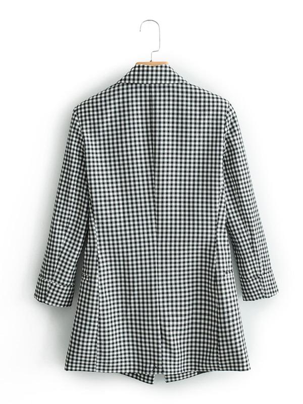 Lapel Collar Double Breasted Gingham Blazer - LuckyFash™