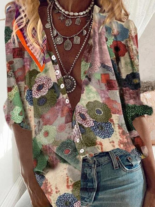 Lapel Collar Printed Long-sleeved Shirt - LuckyFash™