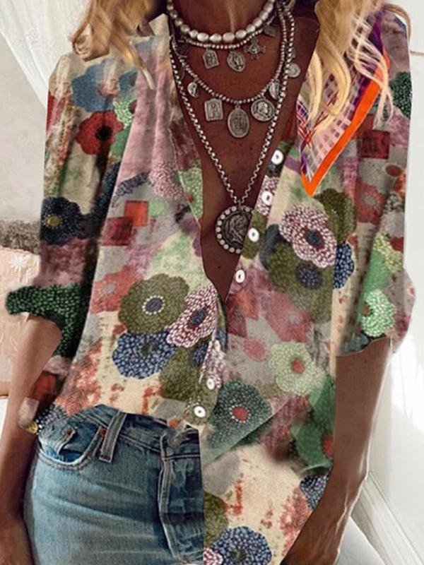 Lapel Collar Printed Long-sleeved Shirt - LuckyFash™