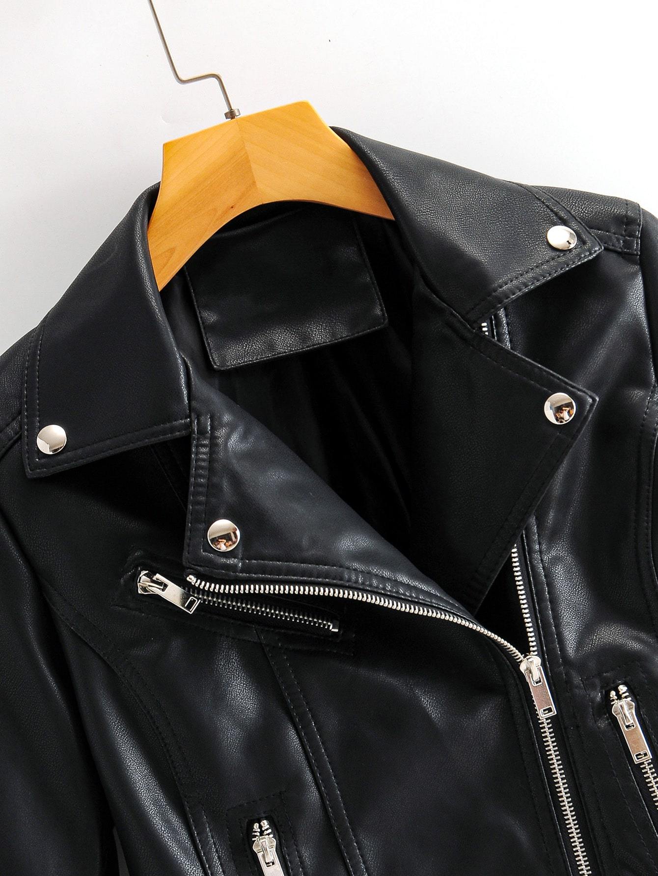 Lapel Collar Zip Up PU Moto Jacket - LuckyFash™