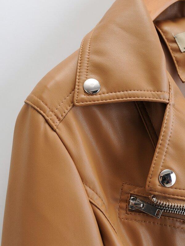 Lapel Collar Zip Up PU Moto Jacket - LuckyFash™