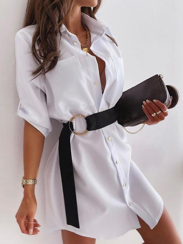 Lapel Single-breasted Long-sleeved Shirt Mini Dress - LuckyFash™