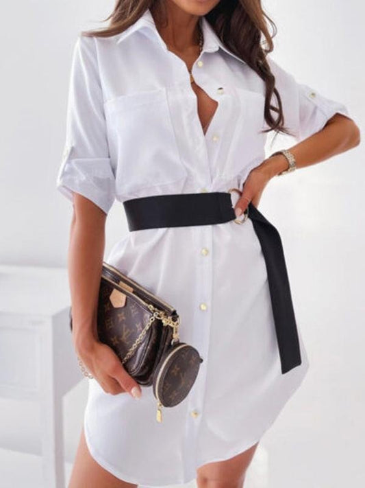 Lapel Single-breasted Long-sleeved Shirt Mini Dress - LuckyFash™
