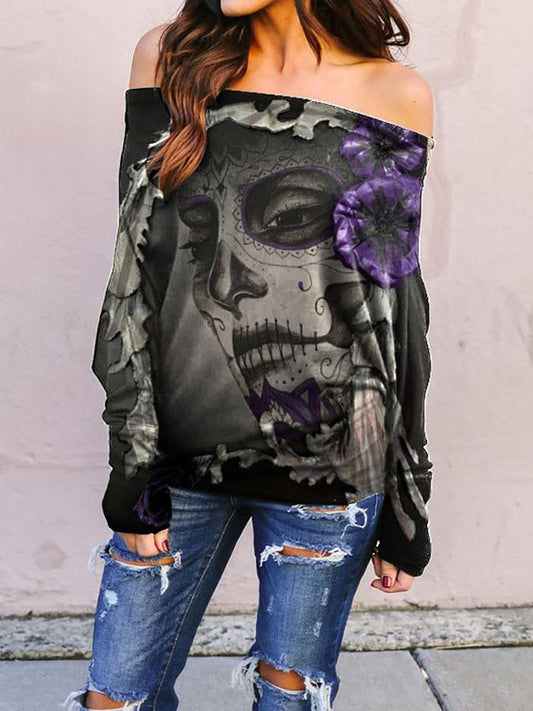 Large Round Neck Long Sleeve Printed One-Shoulder Casual T-Shirt - LuckyFash™