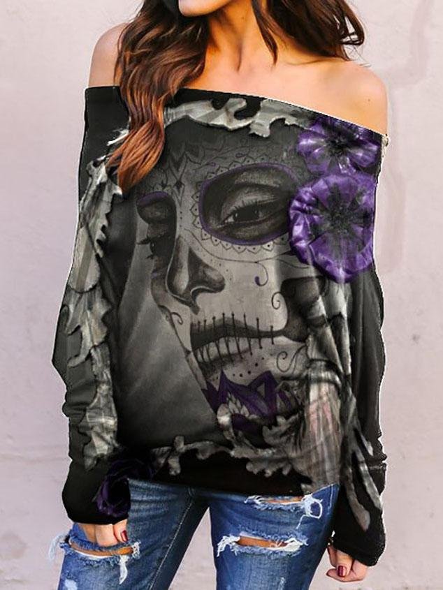 Large Round Neck Long Sleeve Printed One-Shoulder Casual T-Shirt - LuckyFash™