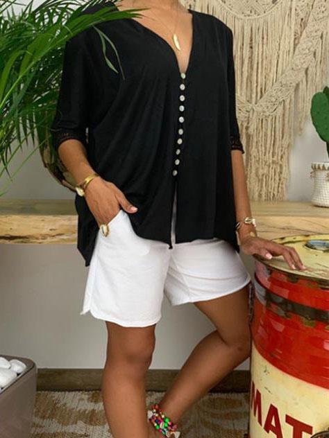 Large Size V-neck Button Mid-sleeve Shirt - LuckyFash™