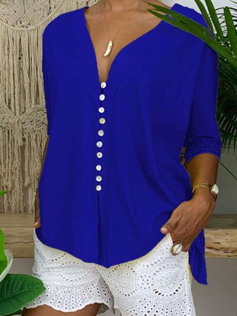 Large Size V-neck Button Mid-sleeve Shirt - LuckyFash™