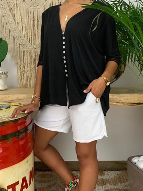 Large Size V-neck Button Mid-sleeve Shirt - LuckyFash™