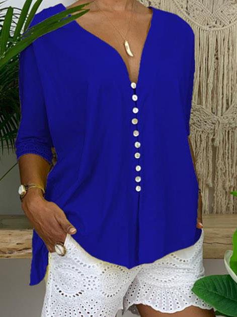 Large Size V-neck Button Mid-sleeve Shirt - LuckyFash™