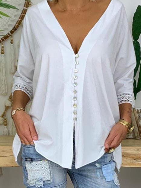 Large Size V-neck Button Mid-sleeve Shirt - LuckyFash™
