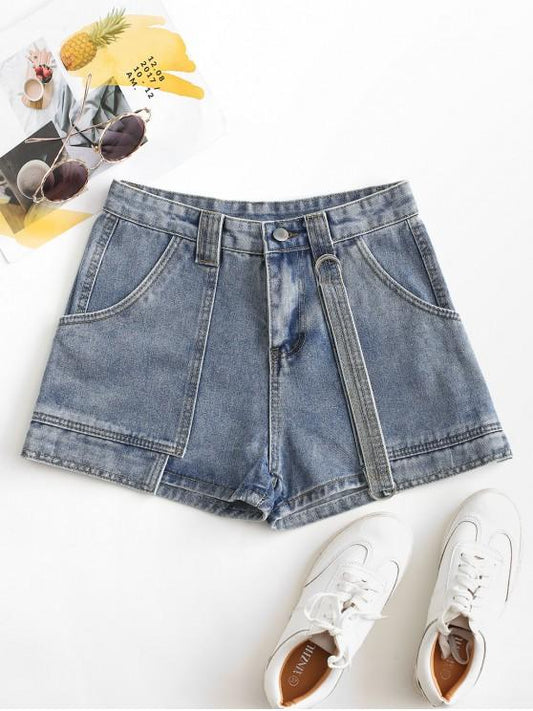 Layered D-ring Strap Denim Shorts - LuckyFash™
