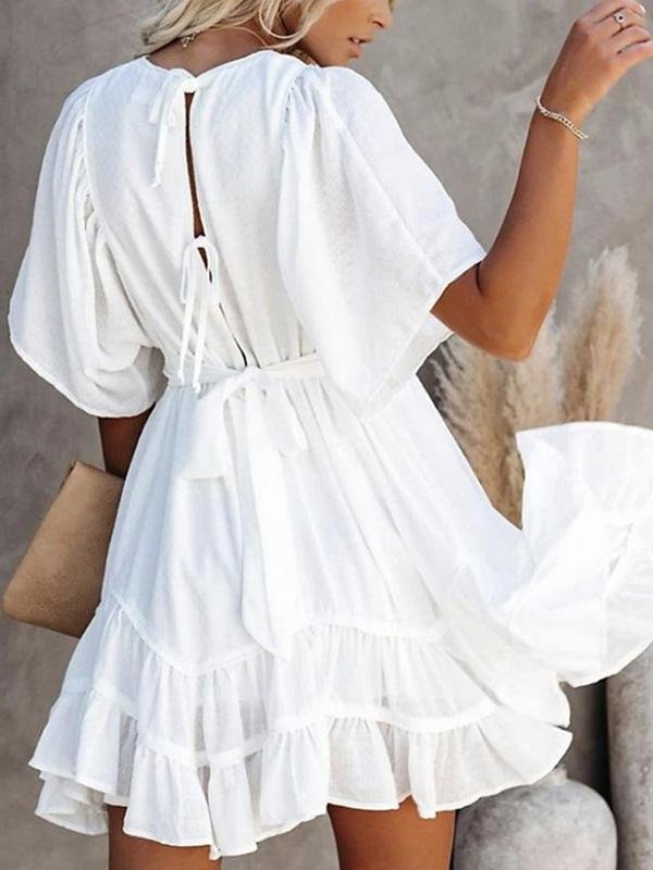 Layered Hem Drop Shoulder V Neck Mini Dress - LuckyFash™