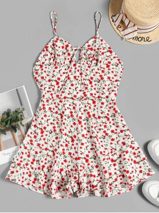Layered Hem Floral Tie Collar Cami Romper - LuckyFash™