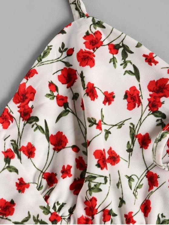 Layered Hem Floral Tie Collar Cami Romper - LuckyFash™