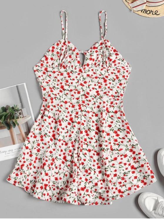 Layered Hem Floral Tie Collar Cami Romper - LuckyFash™