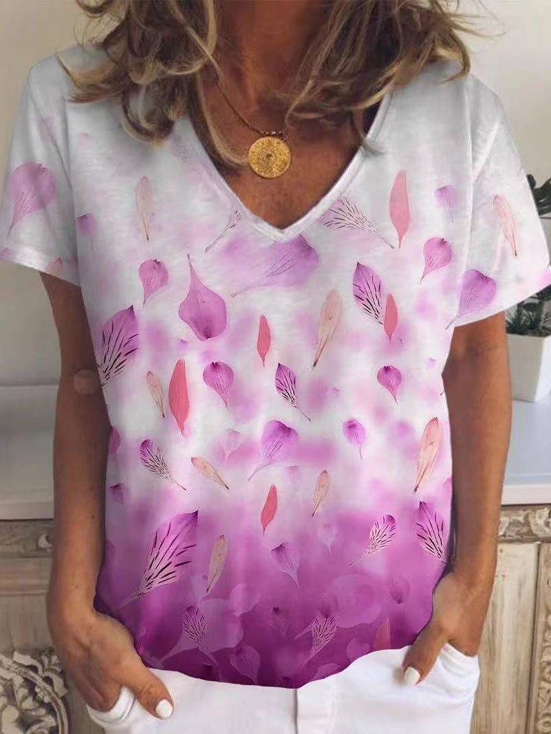 Leaf And Petal Print V-neck Short Sleeve T-shirt - LuckyFash™