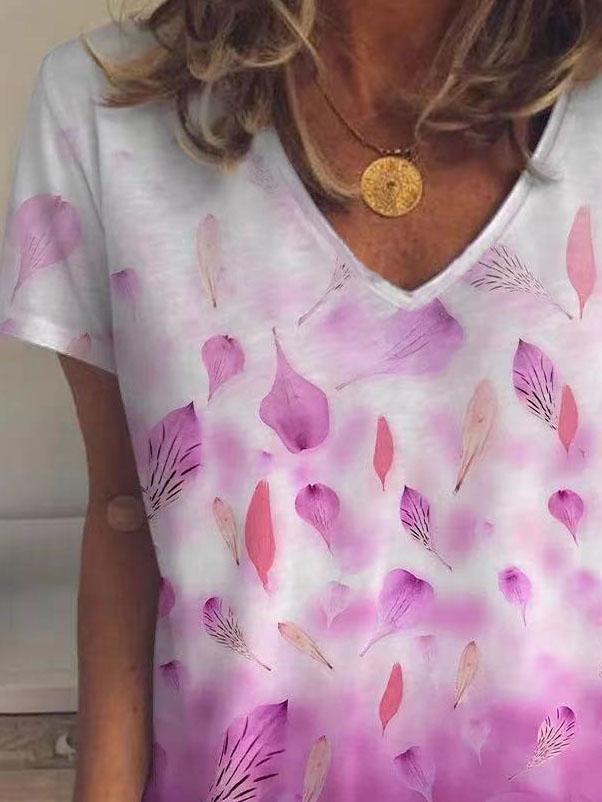 Leaf And Petal Print V-neck Short Sleeve T-shirt - LuckyFash™