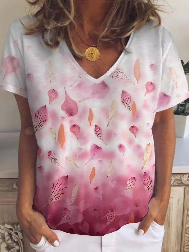 Leaf And Petal Print V-neck Short Sleeve T-shirt - LuckyFash™