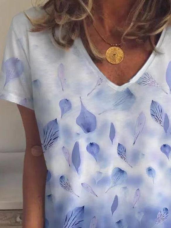 Leaf And Petal Print V-neck Short Sleeve T-shirt - LuckyFash™
