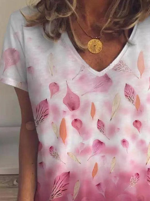 Leaf And Petal Print V-neck Short Sleeve T-shirt - LuckyFash™