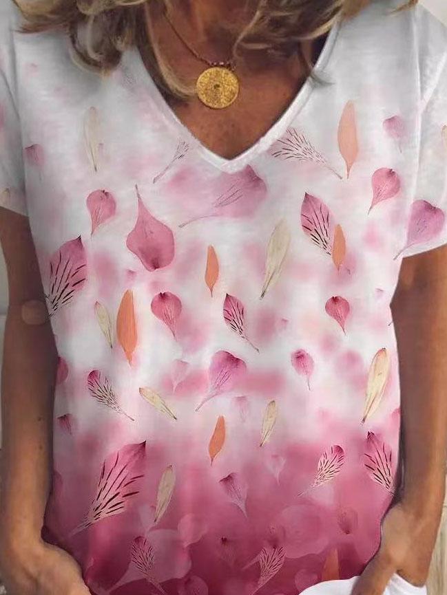 Leaf And Petal Print V-neck Short Sleeve T-shirt - LuckyFash™