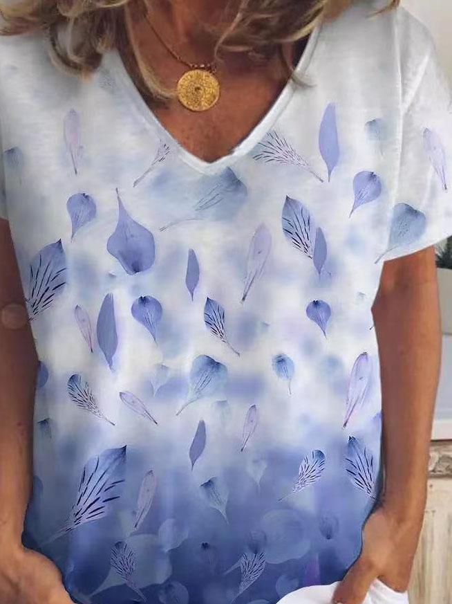 Leaf And Petal Print V-neck Short Sleeve T-shirt - LuckyFash™