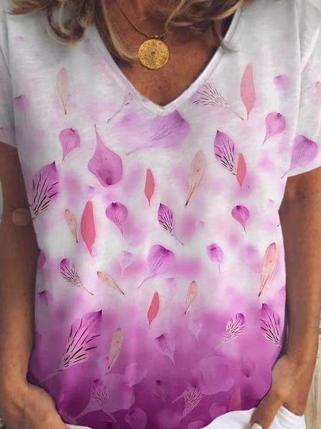 Leaf And Petal Print V-neck Short Sleeve T-shirt - LuckyFash™