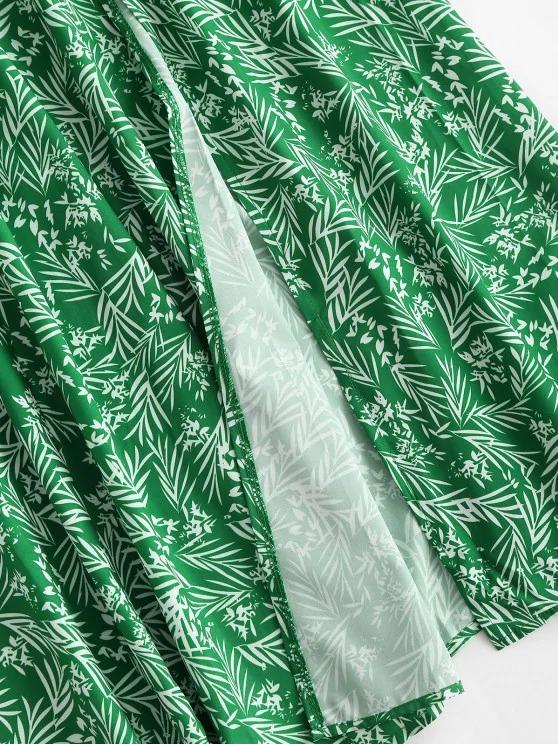 Leaf Print Flounce Slit Strapless Maxi Dress - LuckyFash™