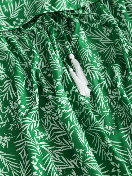 Leaf Print Flounce Slit Strapless Maxi Dress - LuckyFash™