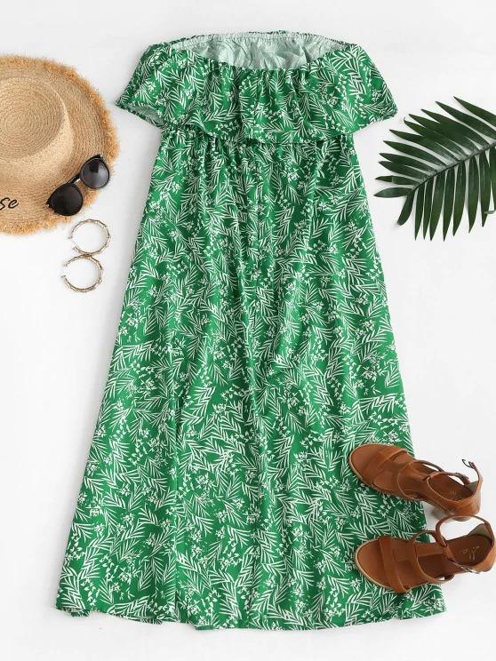 Leaf Print Flounce Slit Strapless Maxi Dress - LuckyFash™