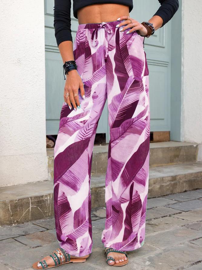 Leaf Print Lace-Up Casual Wide-Leg Pants - LuckyFash™