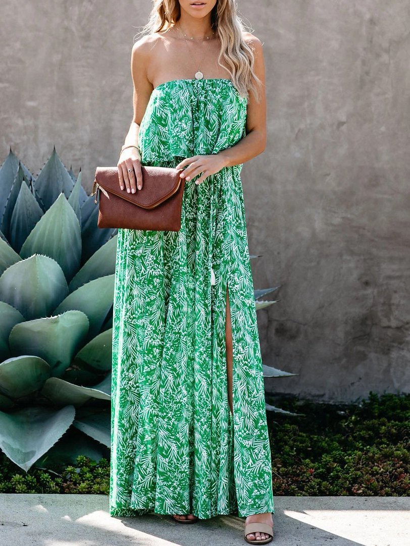 Leaf Print Off-shoulder Tube Top Dress - LuckyFash™