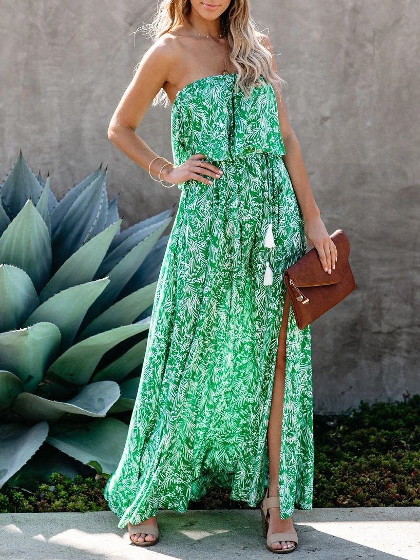 Leaf Print Off-shoulder Tube Top Dress - LuckyFash™