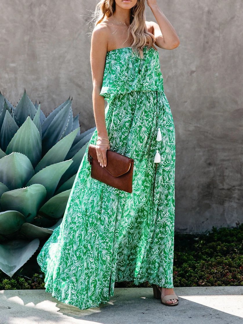 Leaf Print Off-shoulder Tube Top Dress - LuckyFash™